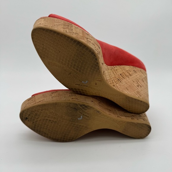 Stuart Weitzman Coral/Red Suede Peep Toe Wedge Heel Size 5.5 M - Picture 9 of 11